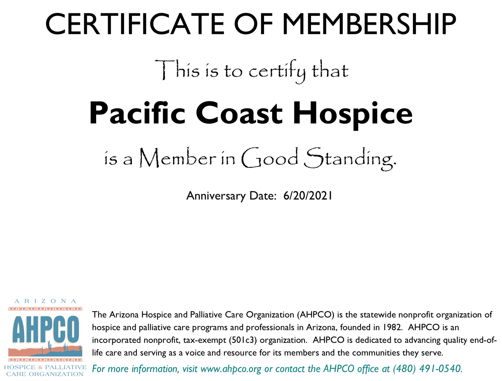 APHCO Membership Certificate